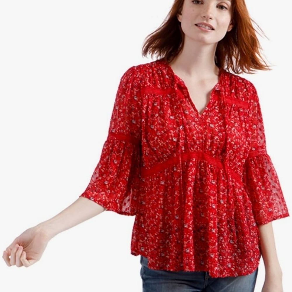Lucky Brand Swiss Dot Ditzy Red Floral Flowy Balloon Sleeve Top